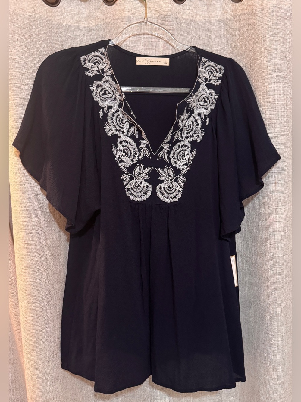 Embroidered Navy Flutter-Sleeve Tunic Top